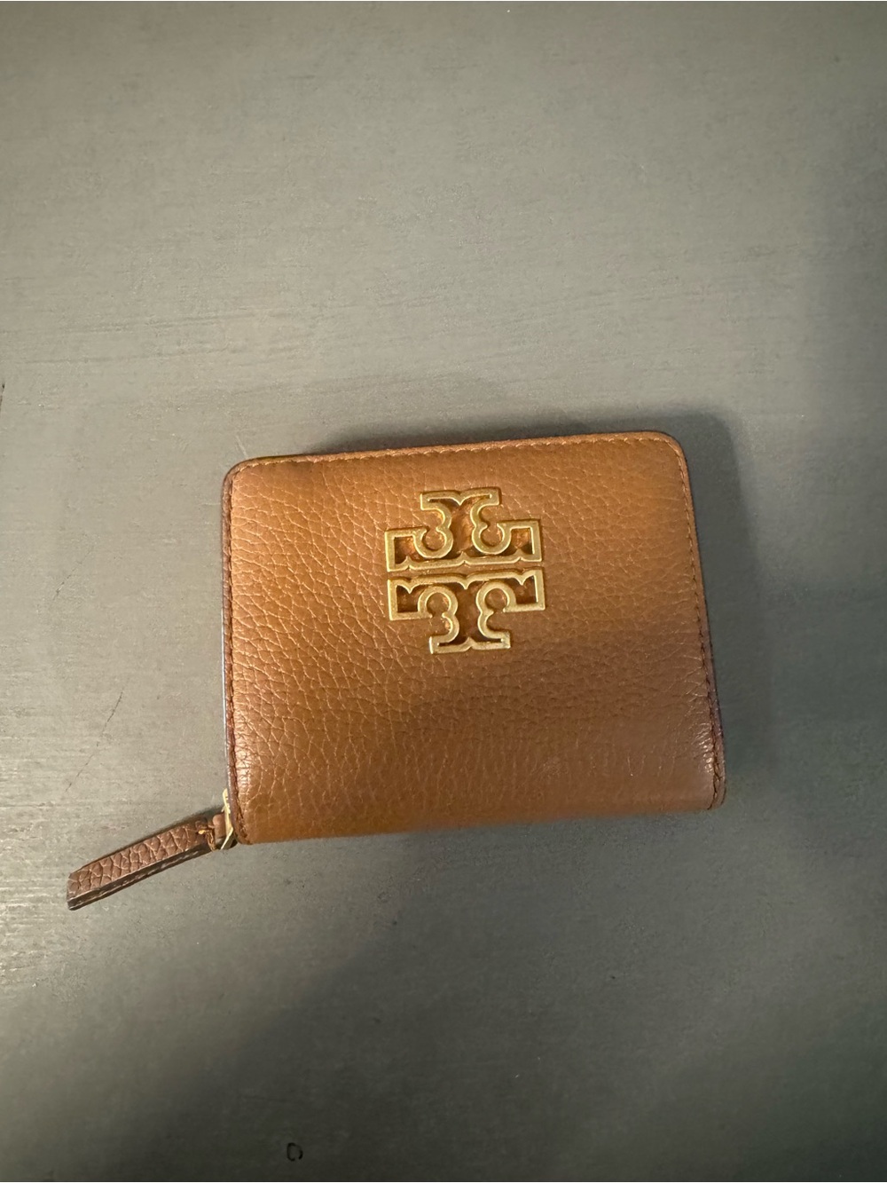 Tory Burch Cognac Leather Zip Card Holder with Gold Logo